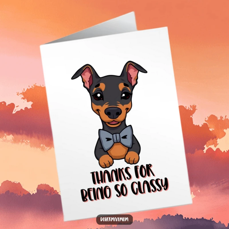 Funny Free Printable Thank You Card: A Doberman in a stylish bow tie winks, conveying thanks with humor.
