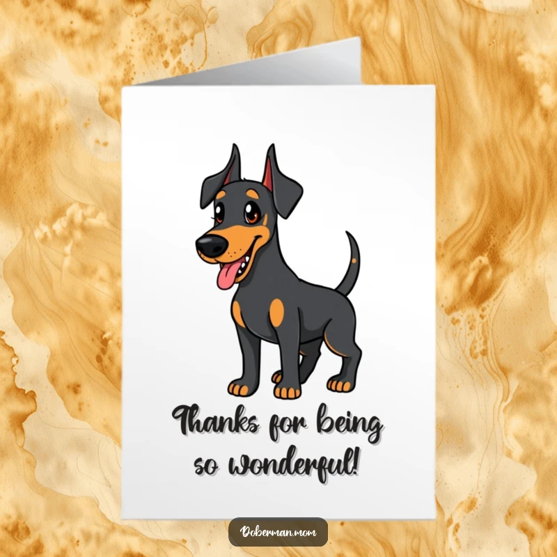 Sweet free printable thank you card showing a friendly Doberman eagerly wagging its tail, expressing sincere gratitude.