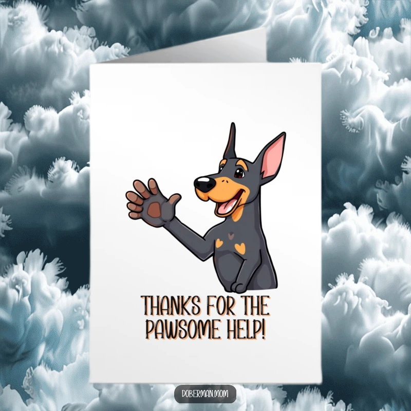 Funny Free Printable Thank You Card featuring a delighted Doberman dog offering a friendly paw for a grateful handshake, full of thanks.
