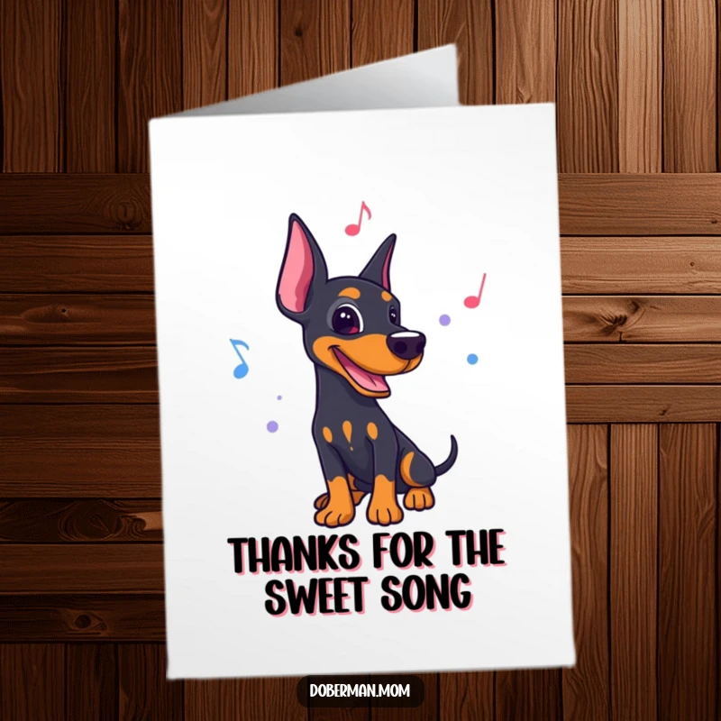 Funny Free Printable Thank You Card: Doberman with a musical note, swaying to a rhythm, sending thanks. DIY.