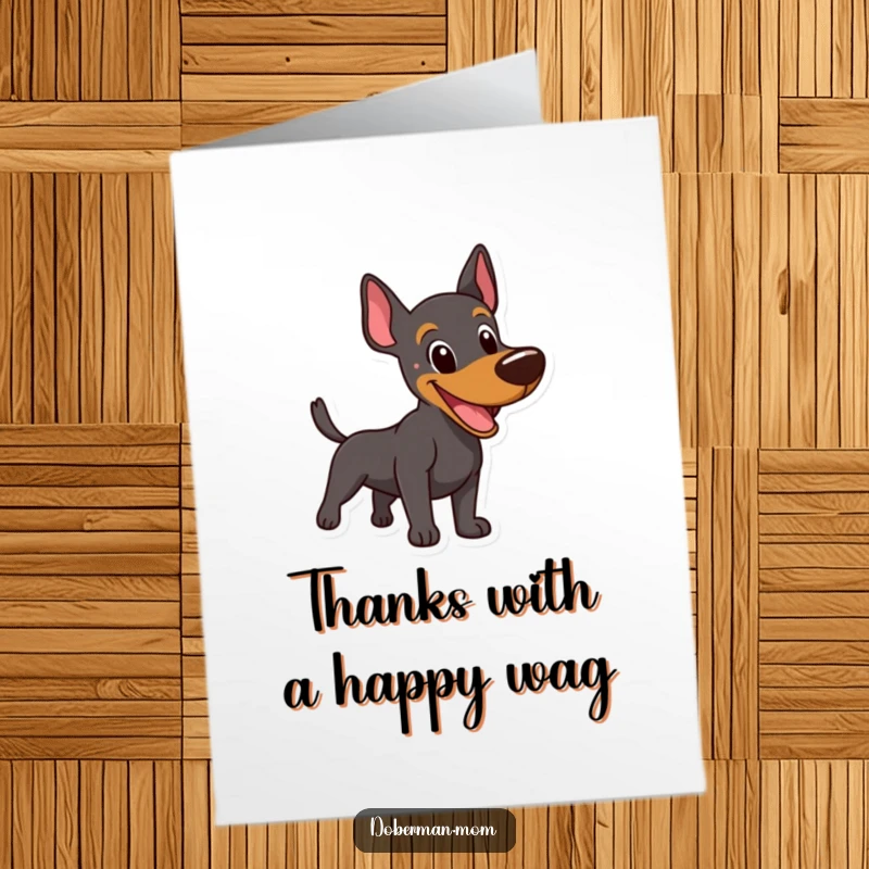 Funny Free Printable Thank You Card: A Doberman happily barking and wagging its tail, conveying sincere thanks with infectious delight.