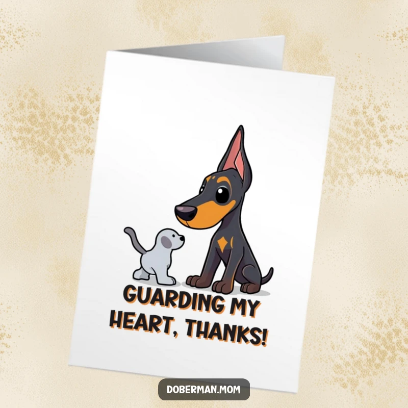 Funny Free Printable Thank You Card: A Doberman stands guard over a toy with a serious, protective expression.