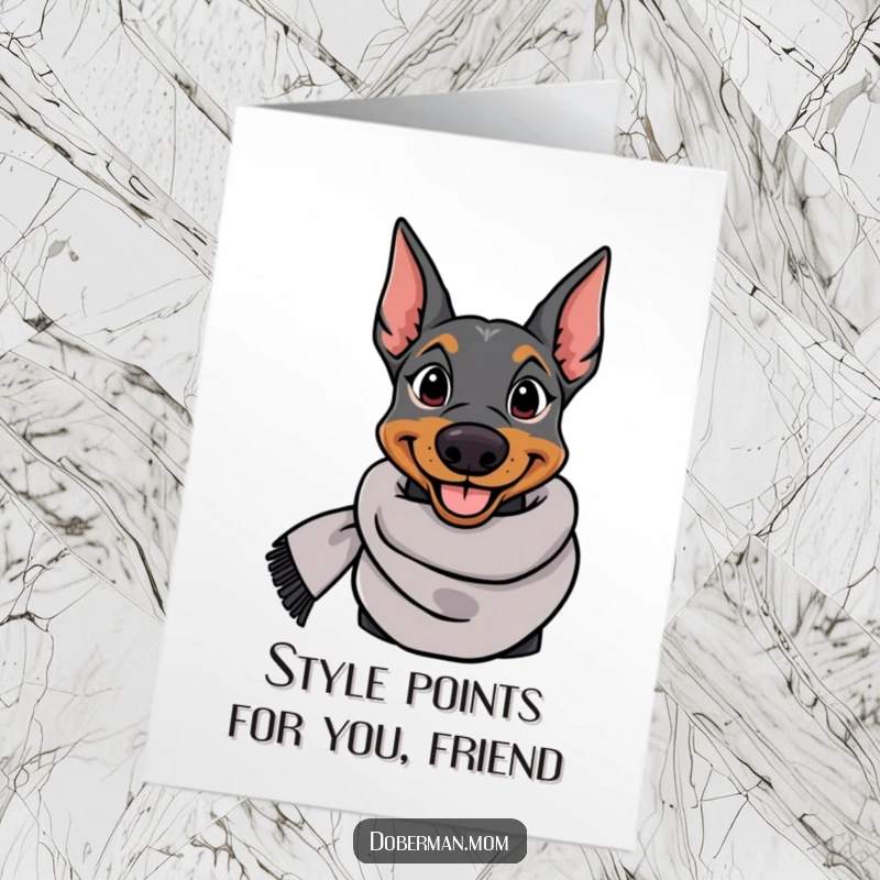 Funny Free Printable Thank You Card featuring a smiling Doberman dog in an elegant scarf, offering a stylish and grateful message.