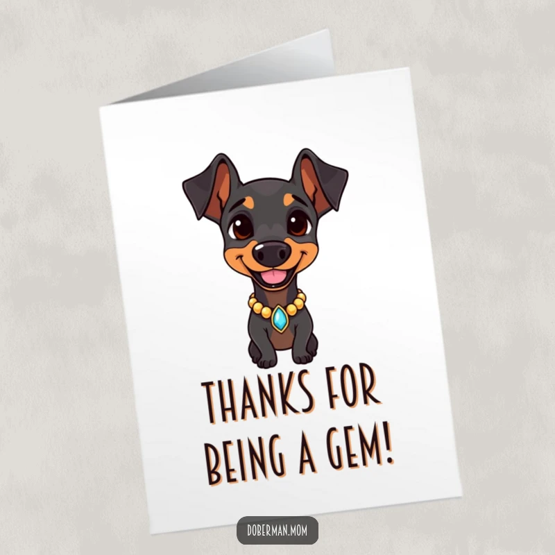 Funny Free Printable thank you card featuring a Doberman with a jeweled collar, smiling confidently with a touch of class.