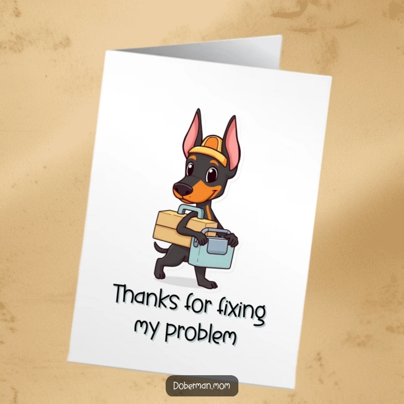 Funny Free Printable Doberman Handyman Thank You Card: A Doberman holds a toolbox, ready to help and express thanks for assistance.