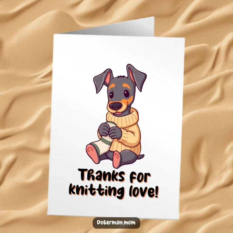 Funny Free Printable Thank You Card: Doberman in a warm sweater knitting a tiny sock, sending a heartfelt thank you.