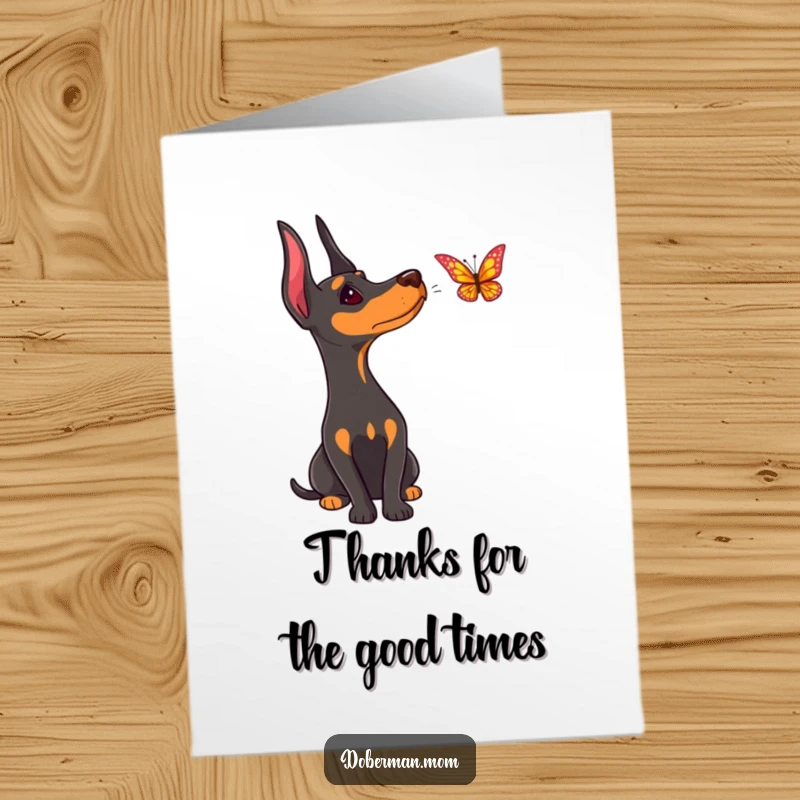 Funny Free Printable Doberman Thank You Card: Dog's curious head tilt watching a butterfly, expressing thanks digitally.