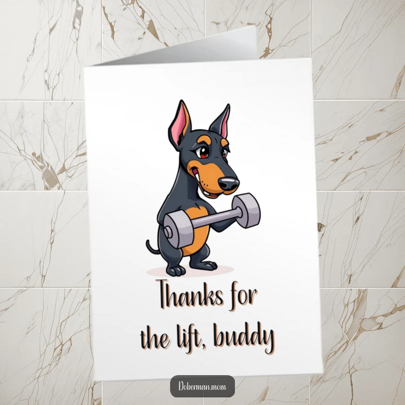 Funny free printable Doberman thank you card, a muscular dog proudly balancing a small workout dumbbell, expressing gratitude.