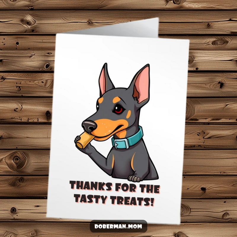 Funny Free Printable Thank You Card showing a Doberman in a fashionable collar playfully nudging a treat, a humorous way to show gratitude.