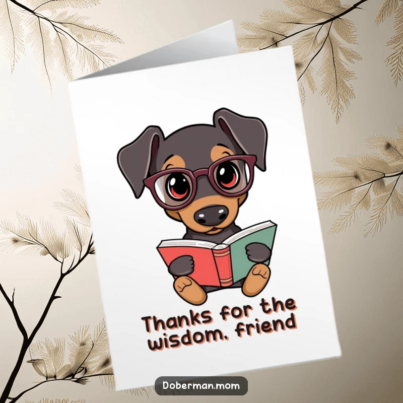 Funny Free Printable Doberman thank you card featuring a sophisticated dog with glasses and a book.