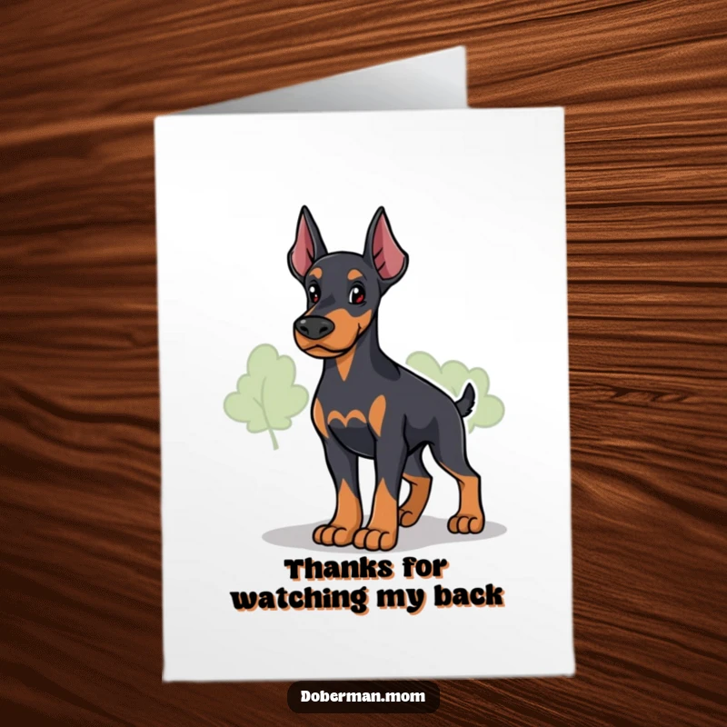 Funny Free Printable Thank You Card: A loyal Doberman assumes a protective stance, surveying its domain.
