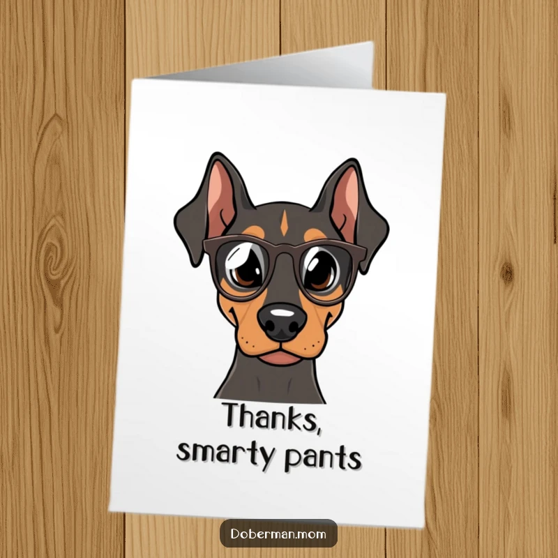 Funny Free Printable thank you card of a Doberman dog wearing glasses, looking studious and grateful for your kindness.