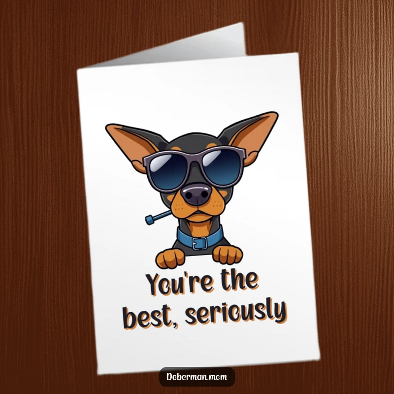 Funny Free Printable thank you card featuring a Doberman dog in sunglasses, humorously directing thanks with a whistle.