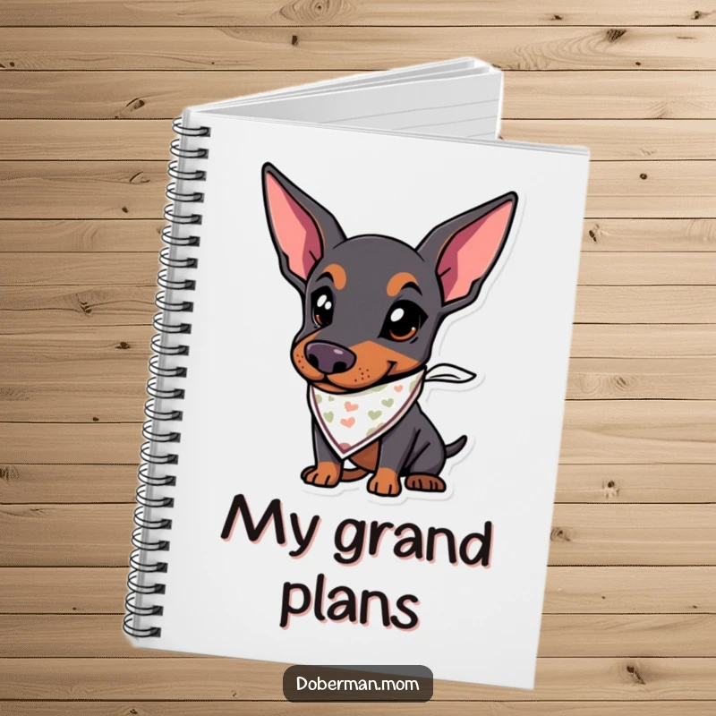Funny notebook with a Doberman dog design, wearing a bandana and looking ready for exciting adventures.