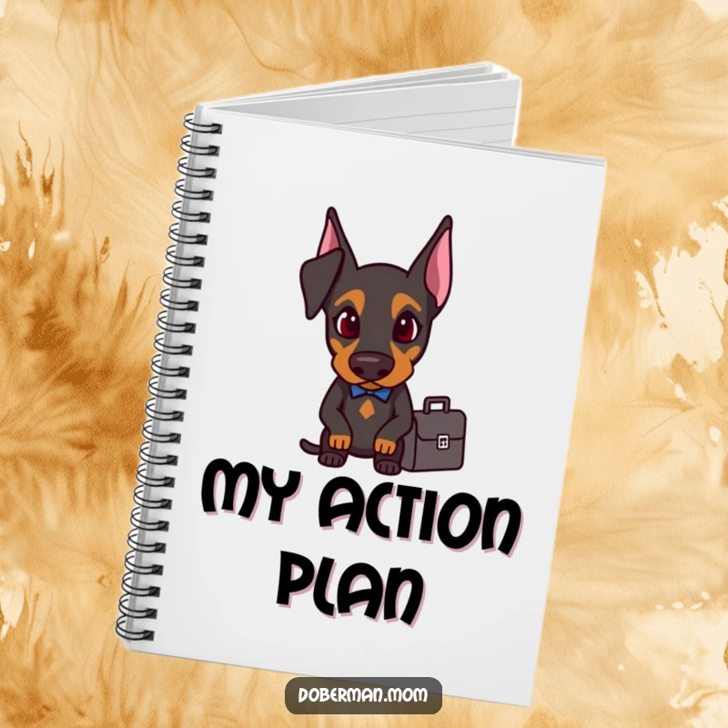 Determined Doberman with a small briefcase, shown on the cover of a funny notebook.