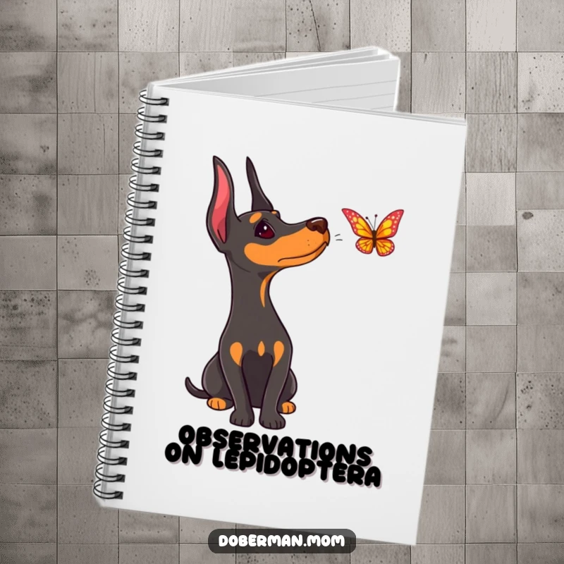 Funny Doberman notebook, cover art of a dog tilting its head curiously at a fluttering butterfly.