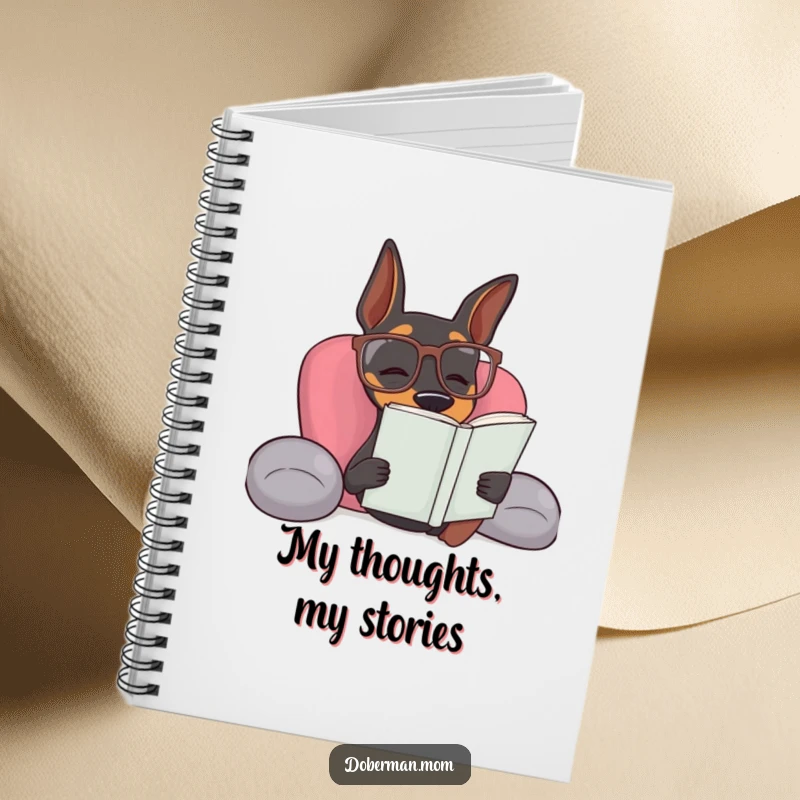 Funny Doberman dog wearing reading glasses on the cover of a humorous notebook for book lovers.