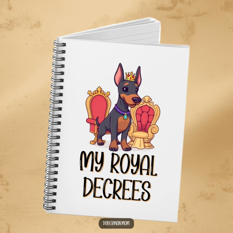 Funny Doberman notebook showing a proud Doberman with a tiny crown and miniature throne, perfect for jotting down royal thoughts.