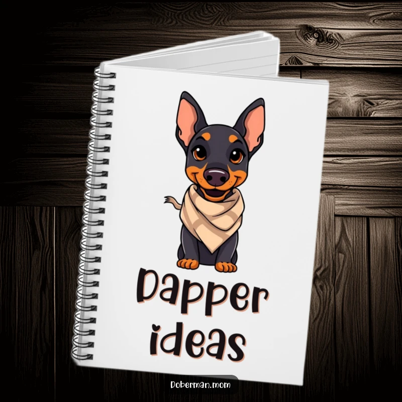 Funny Doberman notebook showing a confident Doberman with a stylish smile and a small scarf, perfect for note-taking.