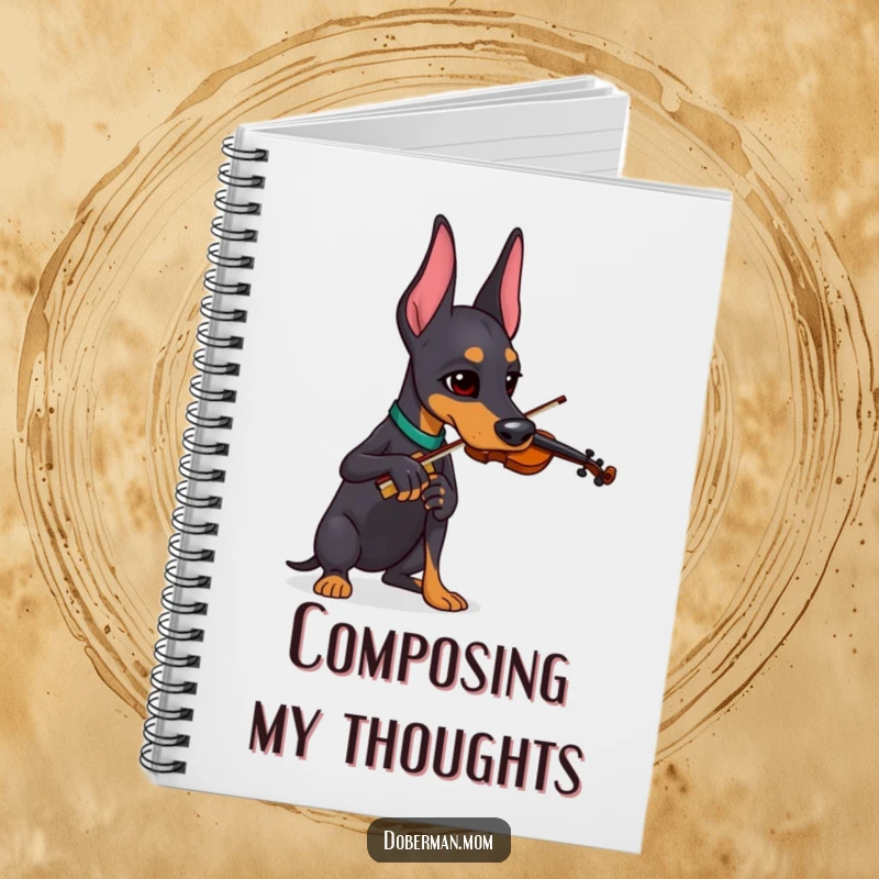 Funny Doberman playing a tiny violin with concentration, shown on the cover of a funny notebook.