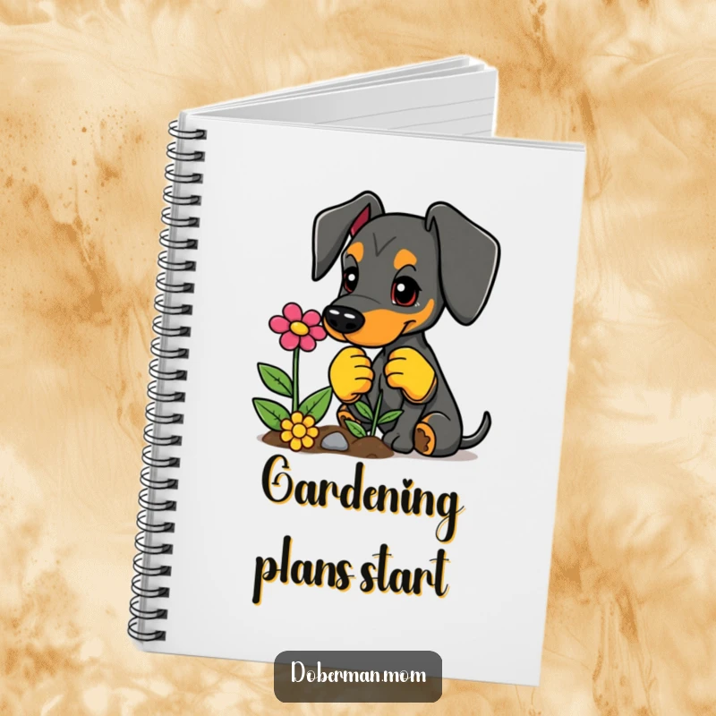 Funny notebook cover art of a Doberman with gardening gloves planting a flower, for jotting garden notes.