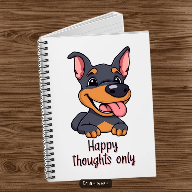 Funny Doberman notebook cover featuring a dog with a happy grin, panting contentedly, inspiring happy writing.