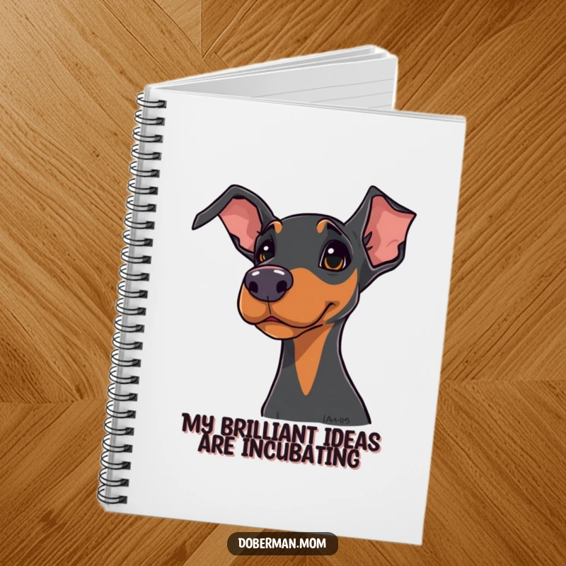 Funny Doberman notebook cover featuring a dog with a curious head tilt, inspiring note-taking and creative thoughts.