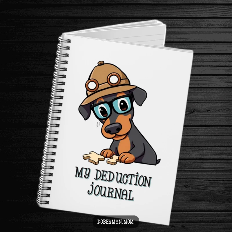 Funny Doberman detective notebook featuring a clever dog in a hat, ready to record important case details and clues.