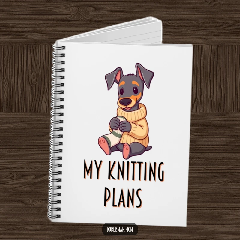 Funny Doberman wearing a cozy sweater, knitting a tiny sock, practical notebook.
