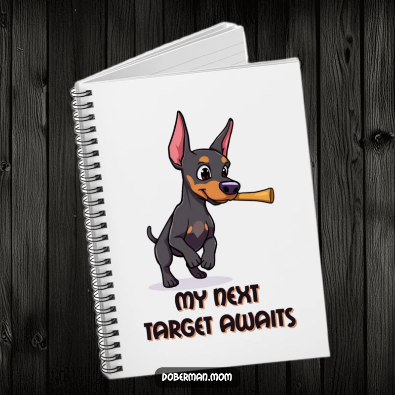 Funny Doberman with a determined gaze, retrieving a stick, featured on the cover of this motivational notebook.