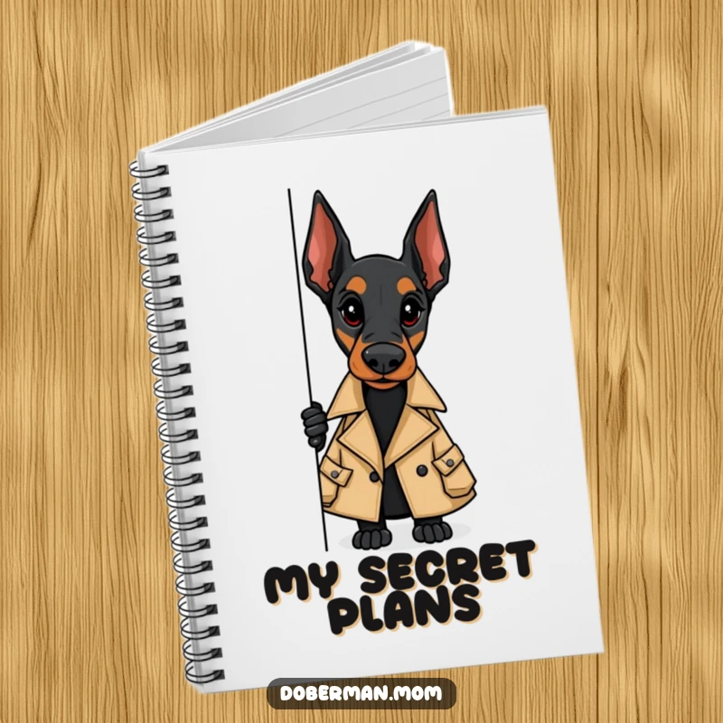 Funny notebook with a Doberman in a trench coat, peeking around a corner, inspiring secret notes and spy missions.