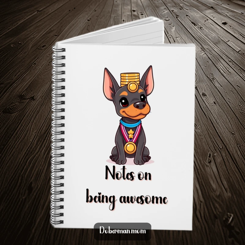 Funny Doberman notebook showing a dog balancing a stack of shiny medals on its head confidently.