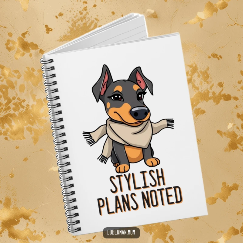 Funny Doberman wearing a stylish scarf winks charmingly, a humorous notebook for stylish notes.