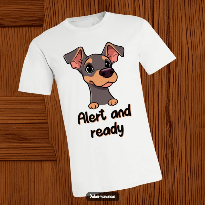 Funny T-Shirt: Alert Doberman character with ears up, intently sniffing the air, showcasing curious dog behavior.