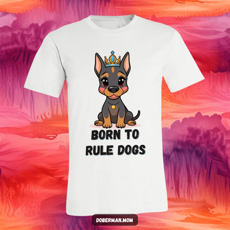 Funny Doberman dog wearing an elegant tiara, striking a majestic pose on a comfortable t-shirt, capturing royal canine humor.