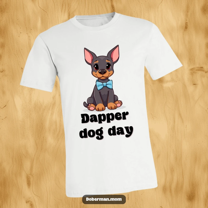 Funny Doberman t-shirt featuring an attentive dog sporting a stylish bow tie, offering a blend of sophistication and humor for everyday wear.