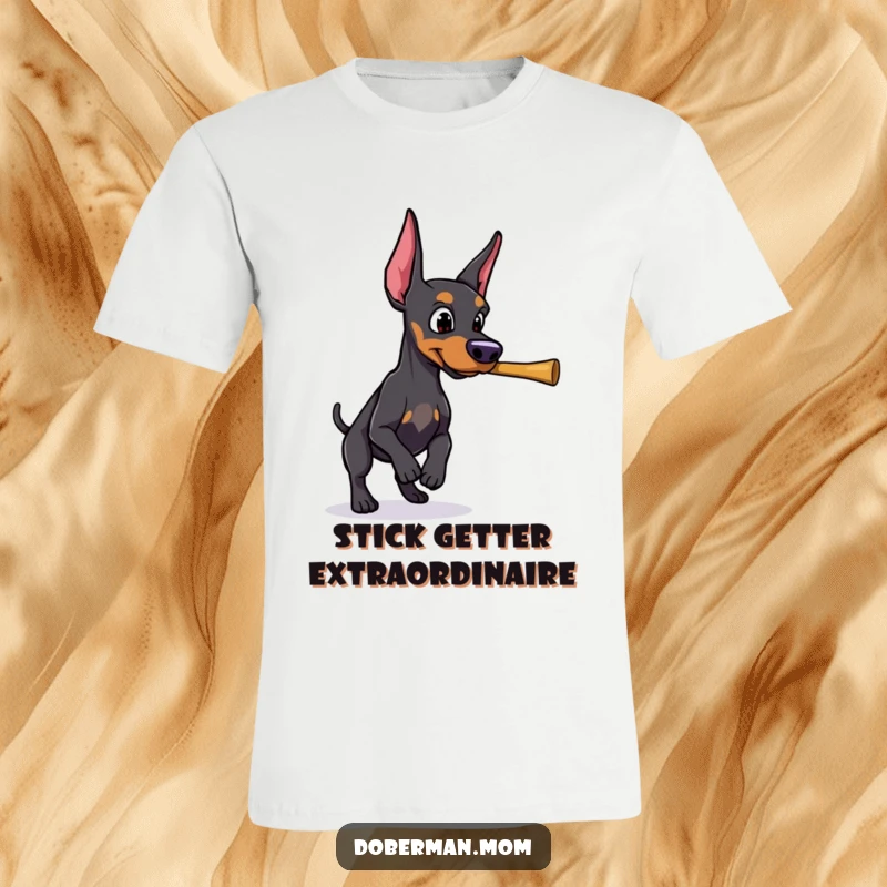 A determined Doberman in mid-action, retrieving a thrown stick, featured on this dynamic t-shirt.