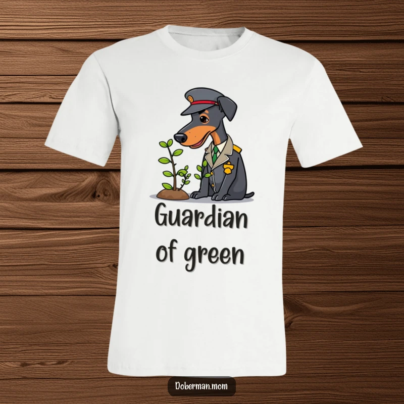 Funny Doberman in a neat uniform carefully watering a tiny sapling on a humorous t-shirt.