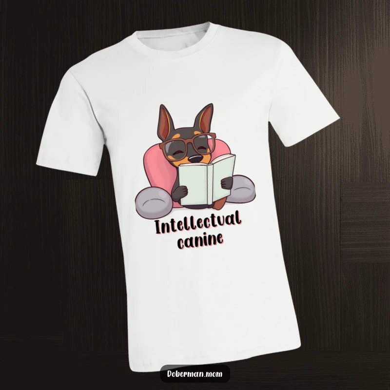 Funny Doberman dog with reading glasses depicted in a relaxing pose on this humorous t-shirt.