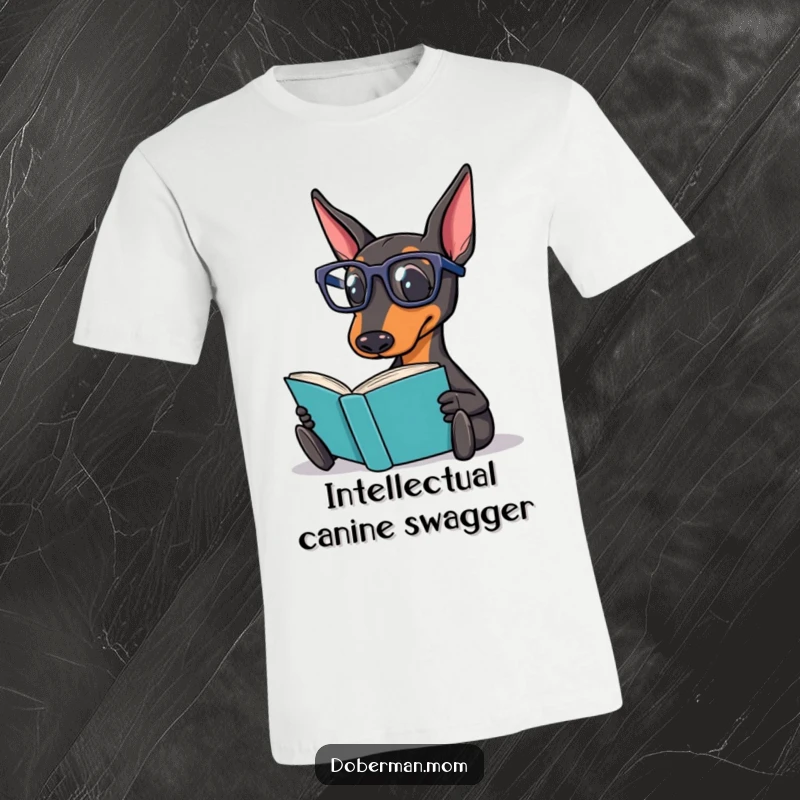 Funny Doberman T-Shirt showing a dapper Doberman dog with reading glasses engrossed in a book, looking sophisticated.