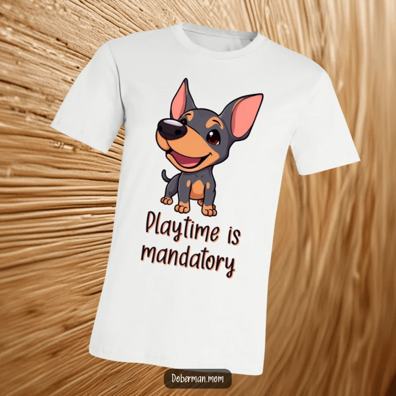 Funny Doberman t-shirt featuring a dog with an open mouth, mid-playful bark, inviting everyone to join.