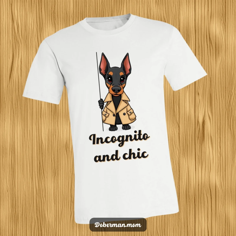 Funny t-shirt featuring a Doberman in a stylish trench coat, peeking slyly around a corner, exuding spy-like charm.