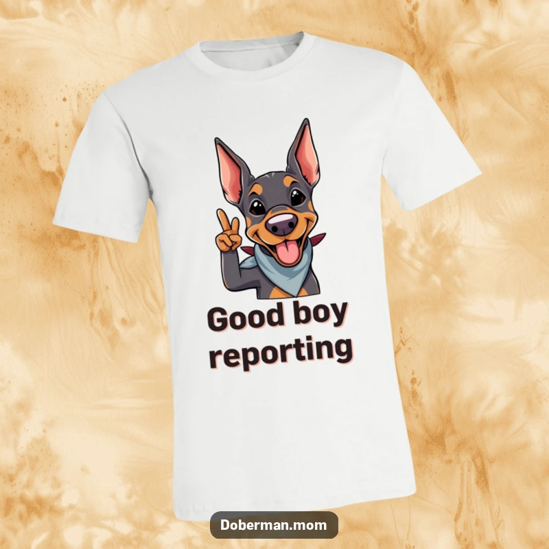Funny Doberman Salute T-Shirt: A smiling doberman in a bandana gives a playful salute, looking sharp and friendly.