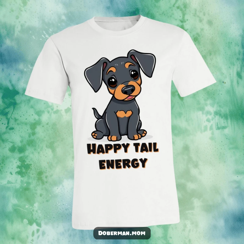Funny Doberman t-shirt featuring an alert dog with alert ears gently wagging its tail, symbolizing happy greetings and friendly affection.