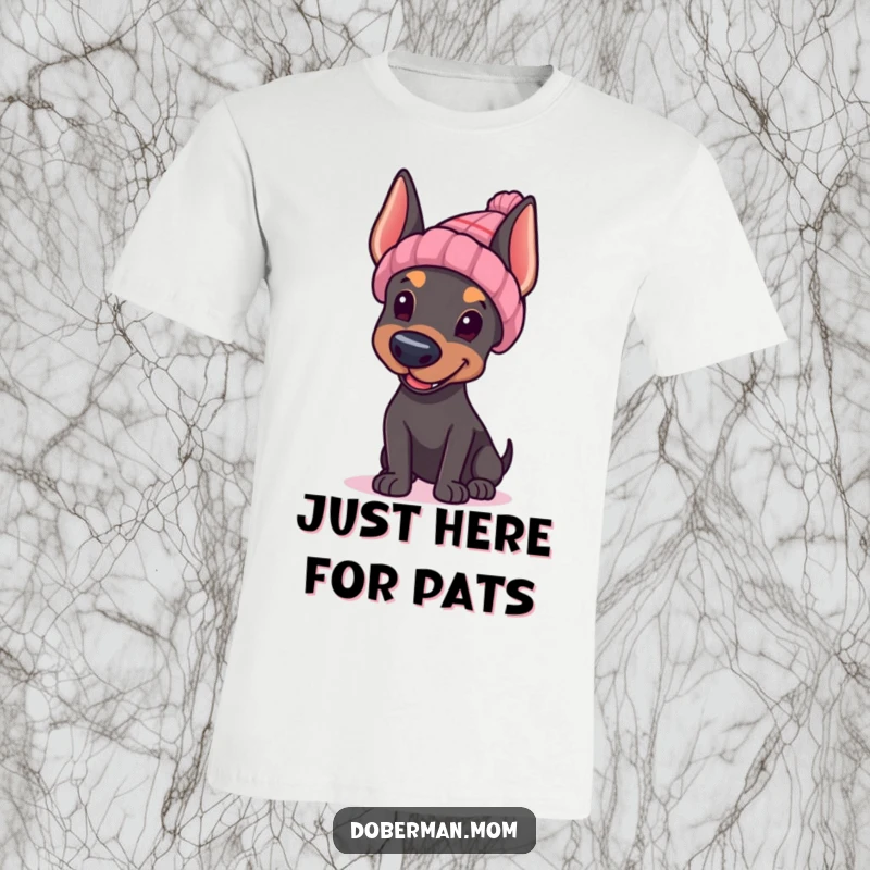 Funny Doberman t-shirt, Doberman in a knitted hat waving hello, cute dog graphic tee, friendly.