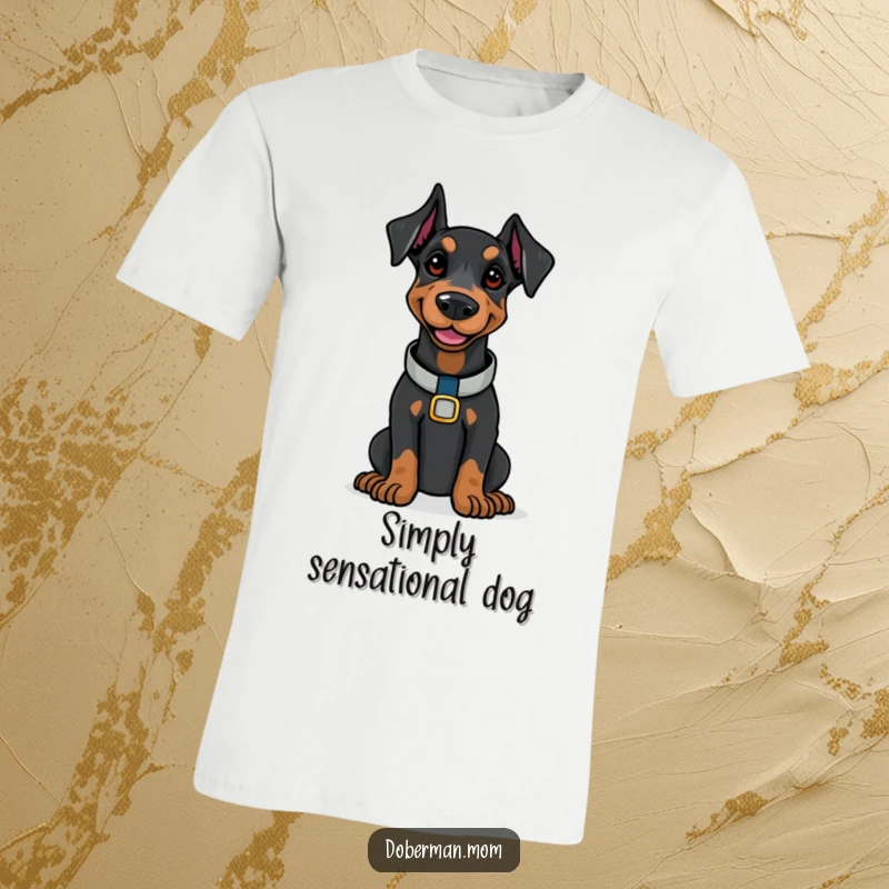Funny Doberman with a polished collar, smiling confidently on a humorous and stylish t-shirt.