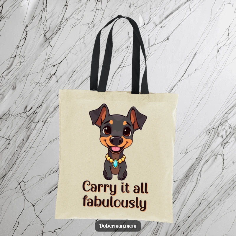 Doberman with a jeweled collar, smiling confidently on a tote bag, representing stylish and practical elegance.