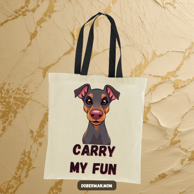 Funny Doberman tote bag featuring a dog with a playful glint and wiggly nose, perfect for carrying essentials humorously.