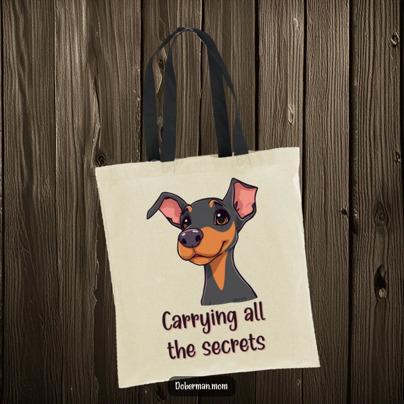 Funny Doberman tote bag with a dog showing a curious head tilt, ready to carry your items with a smile.