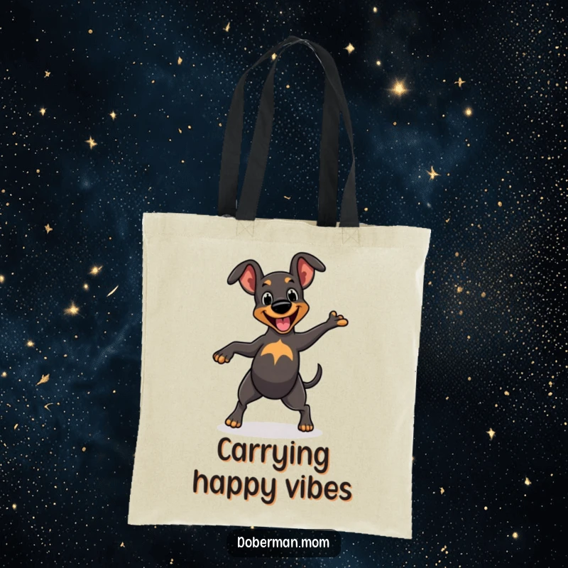 Funny Tote Bag: Cheerful Doberman character dancing with a wagging tail, ready to carry your items with enthusiasm.